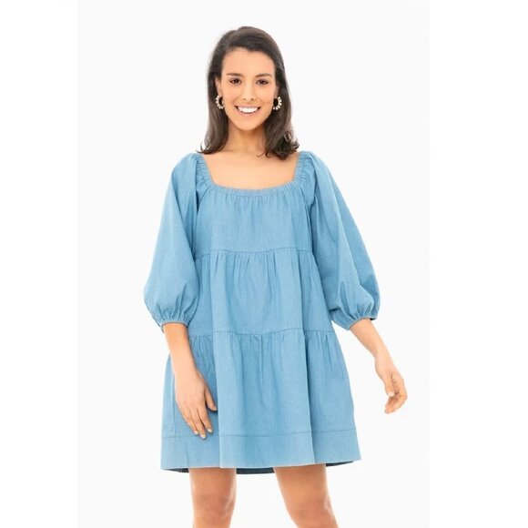 LALAVON Dresses & Skirts - LALAVON Women's Chambray Square Neck Dress sz XS NWOT Mini Tiered Puff Sleeve
